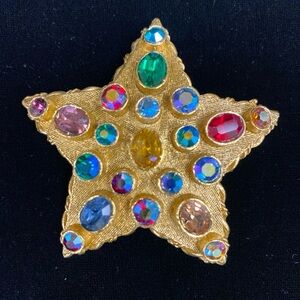Vintage Brooch Arthur Pepper Star Gold Tone Multicolor Rhinestones Signed